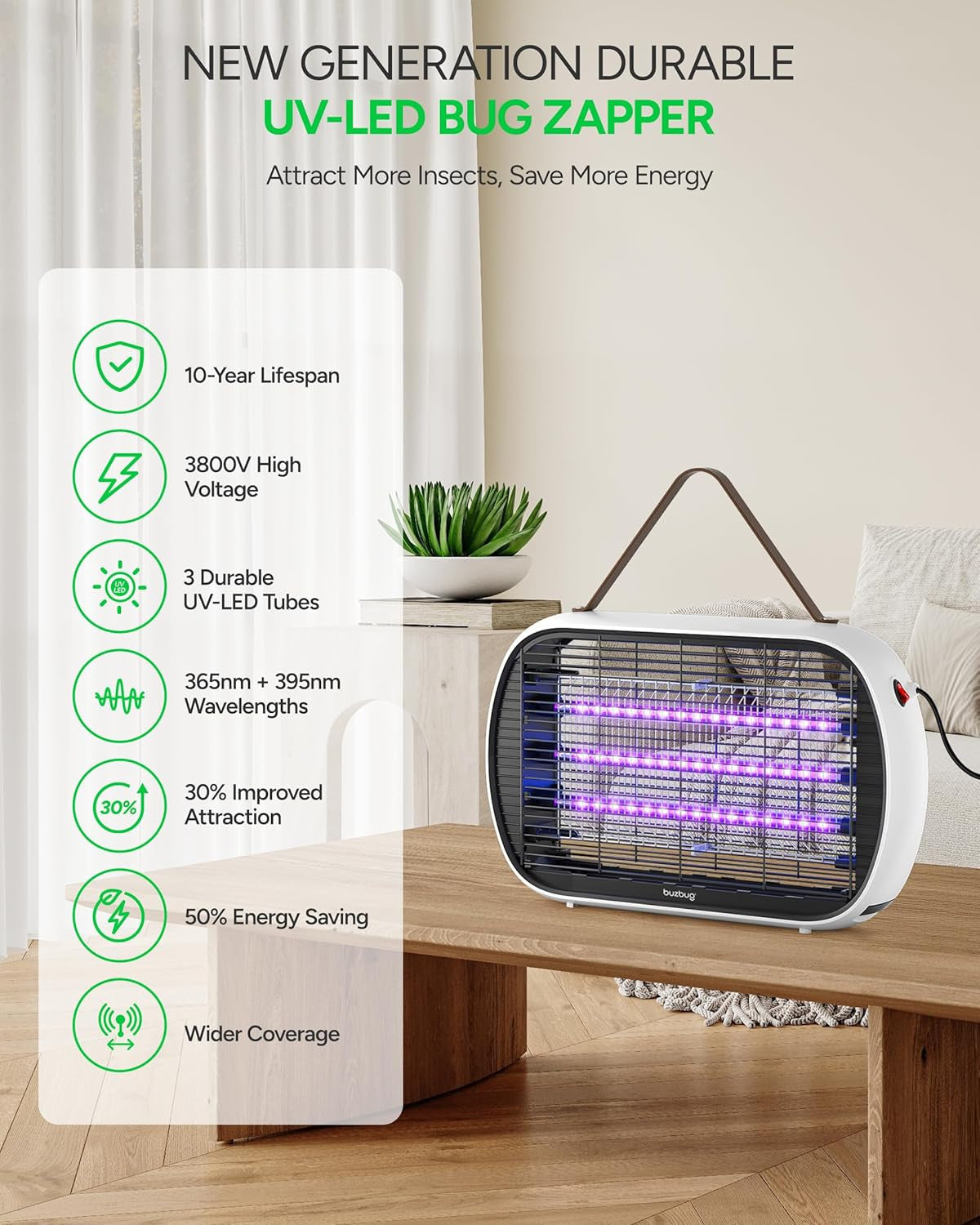 Upgraded LED Bug Zapper Indoor, 10 Years Lifespan 3 Lamps Sustainable Less Power