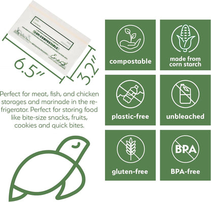 100% Compostable Food Storage Bags [Snack 300 Pack] Eco-Friendly Freezer Bags, R