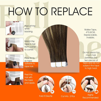 20Inch Tape in Hair Extensions Real Human Hair Brown to Blonde Color 4/24/4 Bala