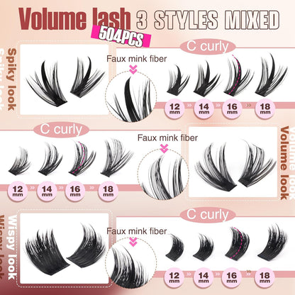 Thick Volume Lash Clusters 3 Style Eyelash Extensions Kit with Waterproof Lash B