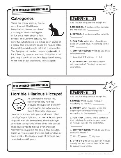 100 Task Cards: Text Evidence: Reproducible Mini-Passages with Key Questions to
