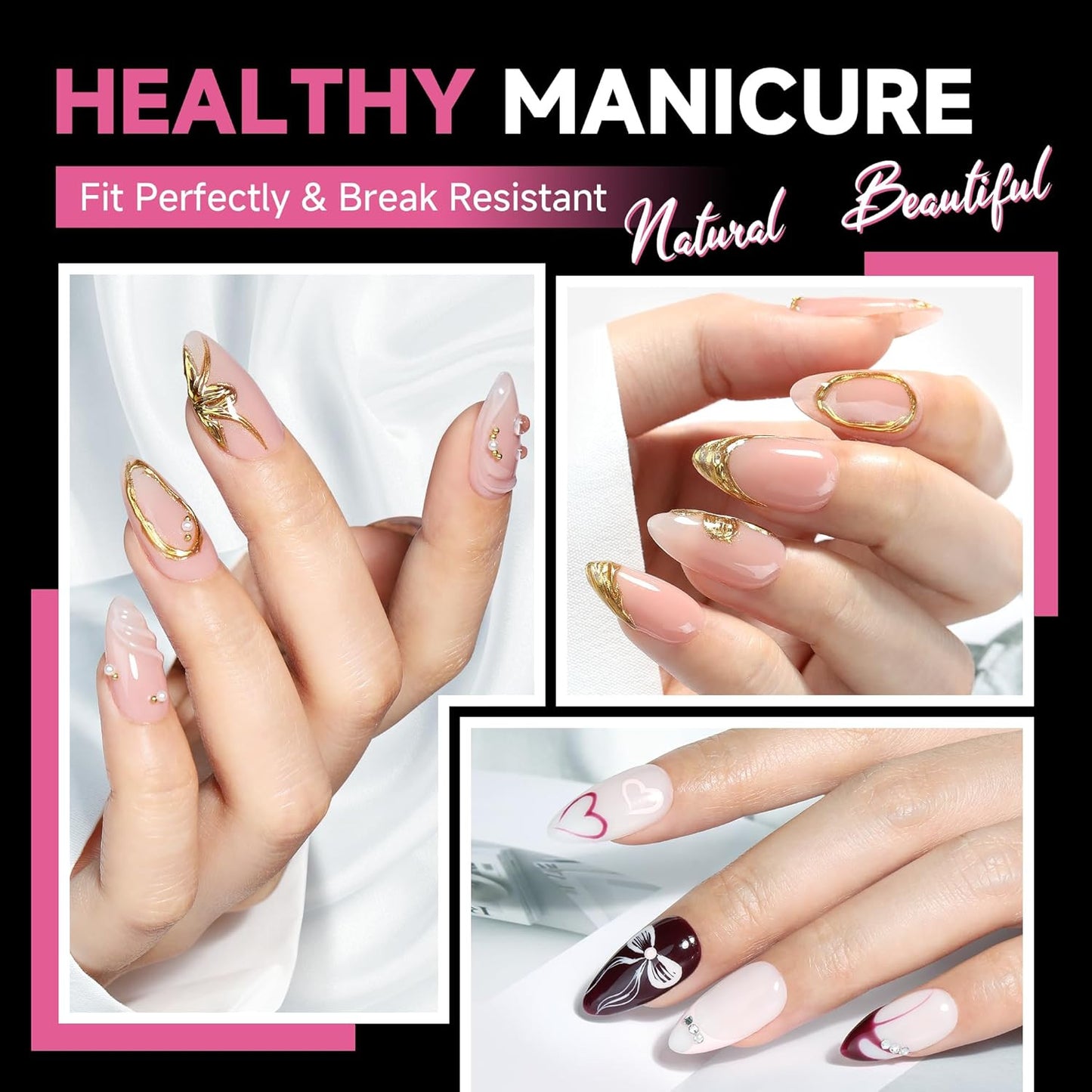 Almond Gel Nail Tips, 312Pcs Medium Almond Fake Nails Tips Shape Pre Etched Full