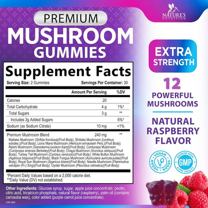 Mushroom Supplement Gummies - 12 in 1 with Lions Mane, Reishi, Cordyceps, Chaga