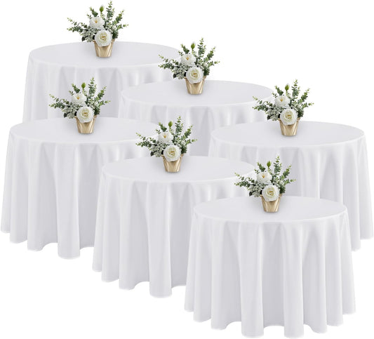 6 Pack White round Tablecloths - 120 Inches in Diameter - Stain Resistant and Wa