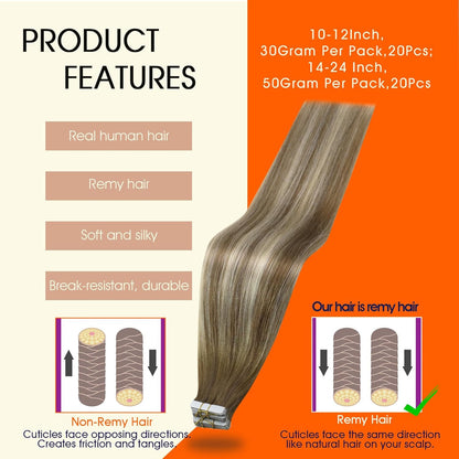 Ombre Tape in Hair Extensions Human Hair 12Inch Seamless Tape in Extensions 6/60