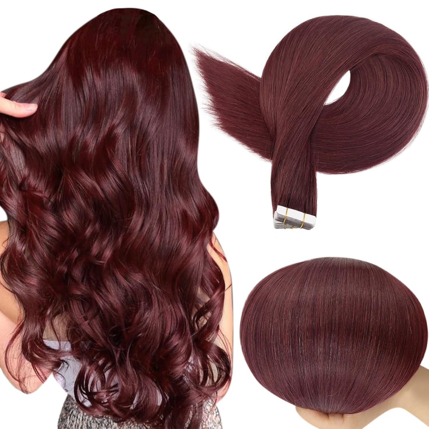 Tape in Extensions Wine Red Tape in Hair Extensions Human Hair for Women 16 Inch