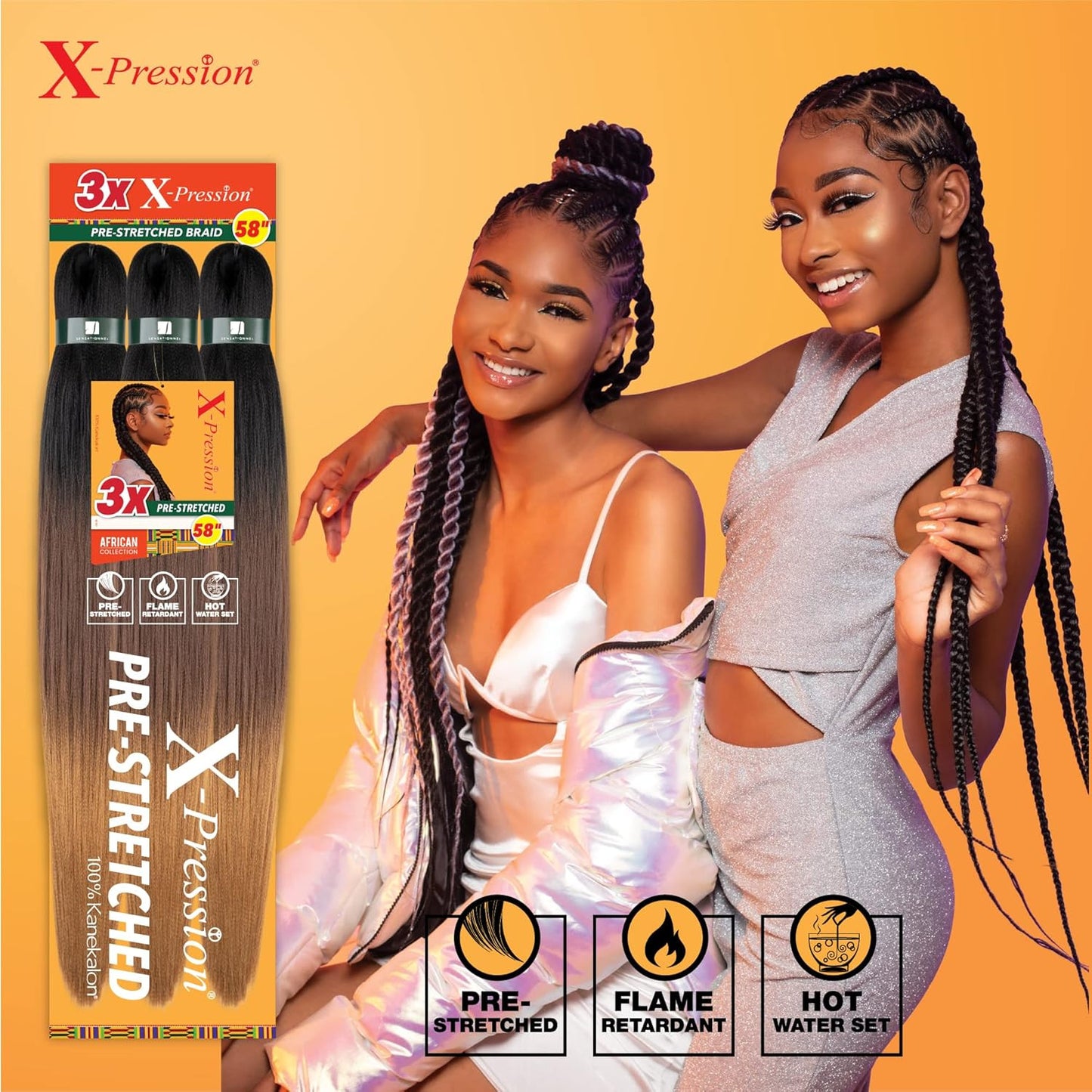 X-Pression Prestretched Braiding Hair - 3X Braid 58 Inch All Kanekalon Flame Ret