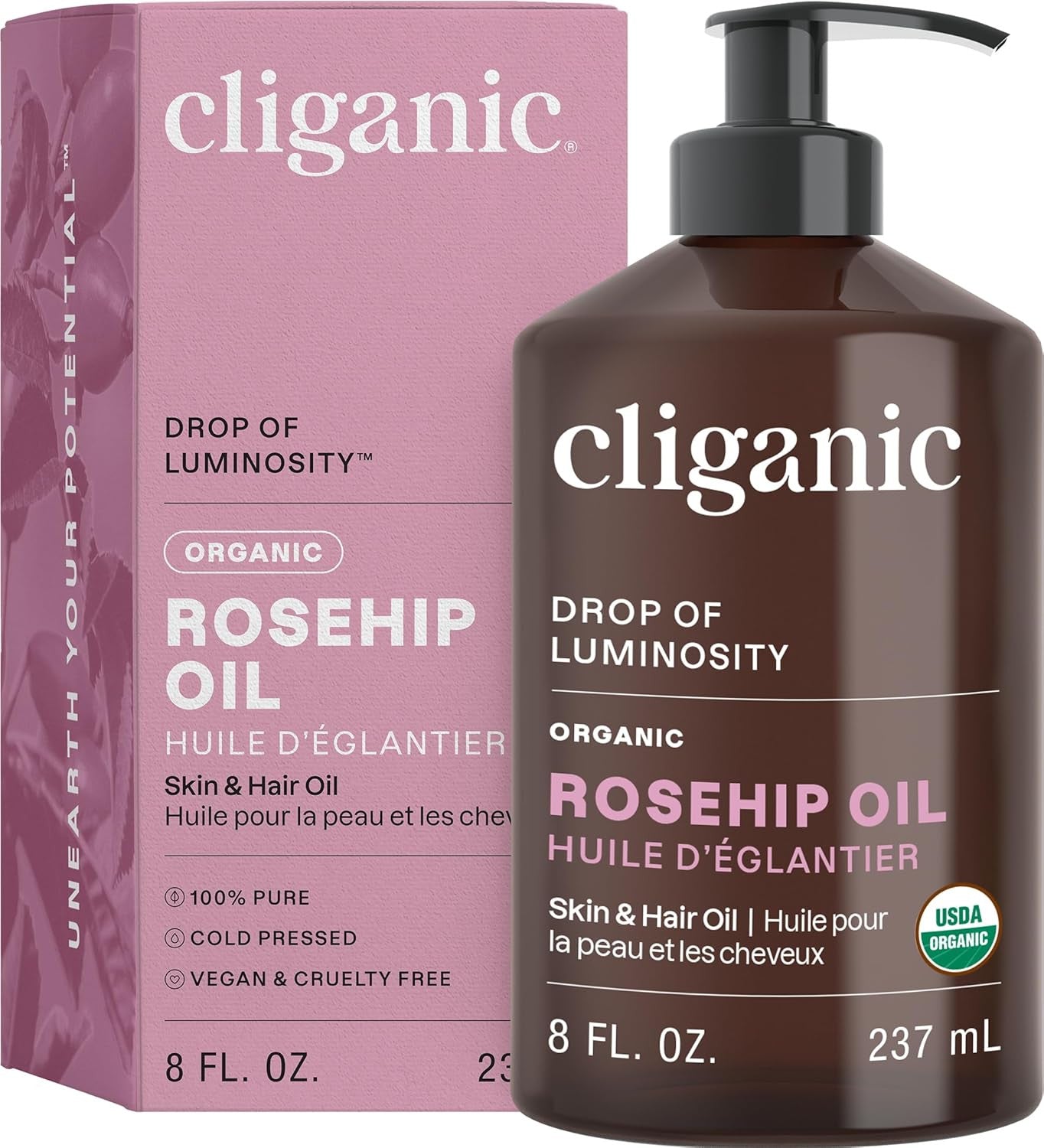 Organic Rosehip Seed Oil for Face, 100% Pure | Natural Cold Pressed Unrefined No