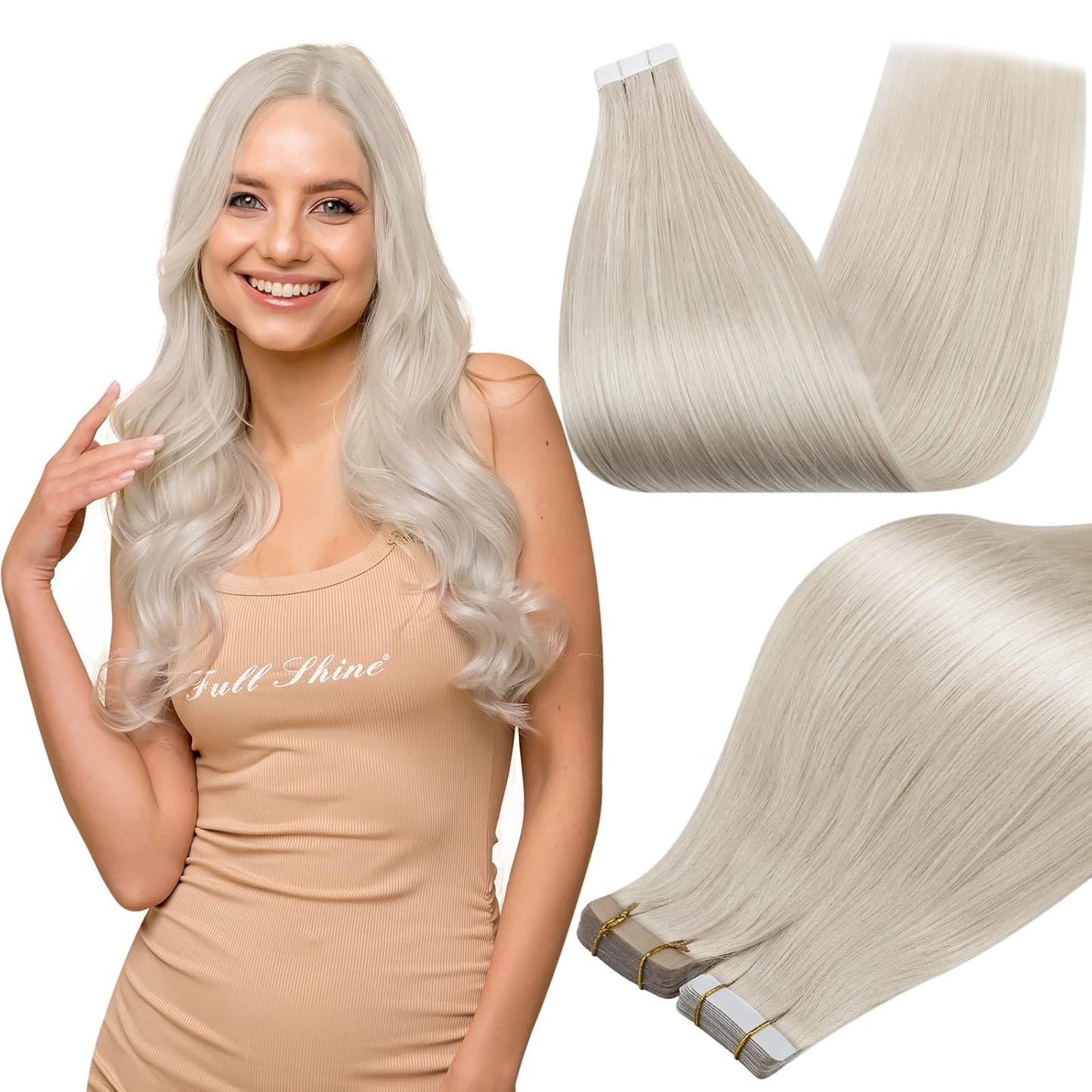 Tape in Hair Extensions Silky Straight 18 Inch Color 1000 Blonde Adhesive Tape i