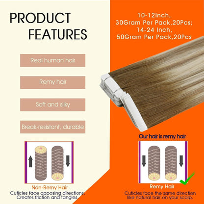 Tape in Human Hair Extensions Color 3/8/22 Brown and Blonde Tape in Hair Extensi