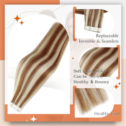 Natural Tape in Hair Extensions Real Remy Hair Auburn Highlight Blonde Tape Ins