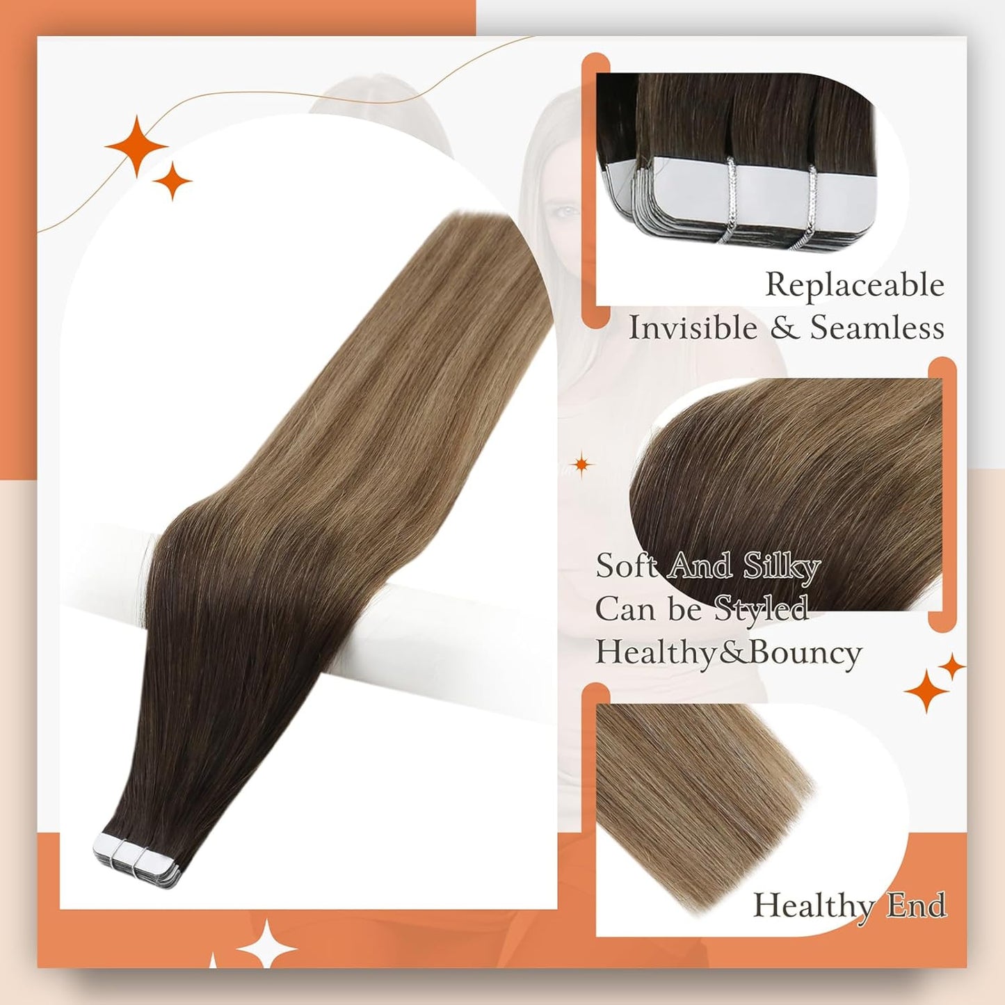Tape in Extensions Human Hair Balayage Tape in Hair Extensions Dark Brown to Che