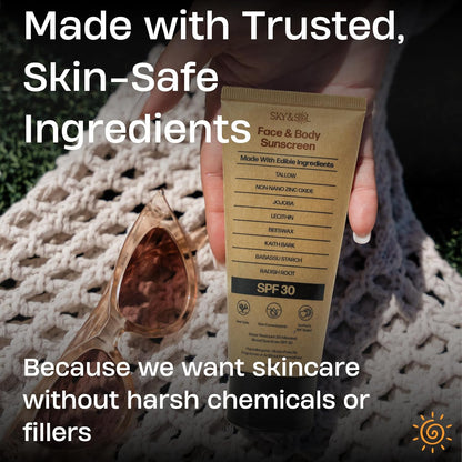 Natural Mineral Sunscreen SPF 30 3 Oz: Natural Tallow & Zinc Oxide, Reef Safe, W