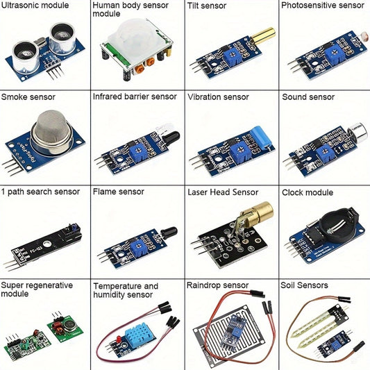 16-in-1 Sensor Module Kit for Raspberry Pi and Arduino, Including Ultrasonic, Temperature, Humidity, and Infrared Modules for DIY Robotics and Electronics Projects - Silicone, ≤36V Operating Voltage, No Battery Required