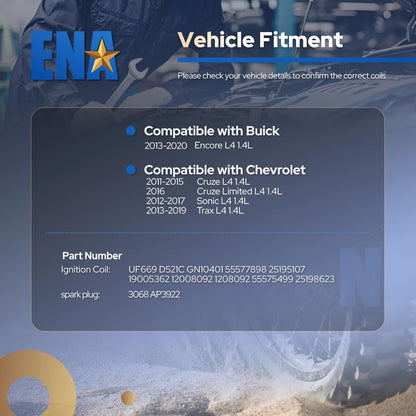 UF669 Ignition Coil Pack and 3068 Iridium Spark Plugs for 1.4L Compatible with Buick Encore Chevy Cruze Sonic Trax 2011 2012 2013 2014 2015 2016 2017 2018 2019 2020 for D521C 55577898 55579072