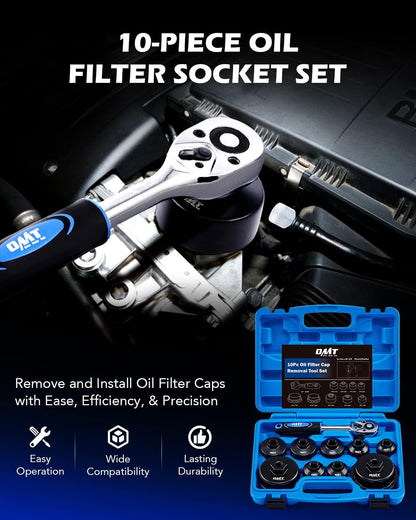 Oil Filter Wrench Set, 10Pc Oil Filter Socket Set, 3/8" Drive Metric Oil Filter Cap Wrench Removal Tool Kit, Low Profile Oil Filter Socket Set Compatible with Toyota VW BMW Mercedes