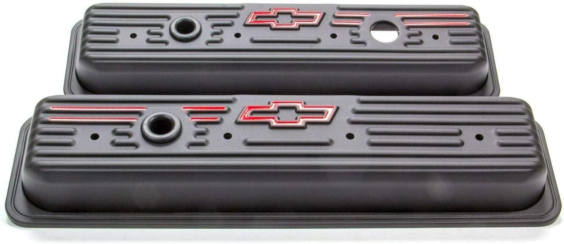 Valve Cover, Short, Baffled, Breather Hole, Bowtie Logo, Steel, Black Crinkle, Center Bolt, Small Block Chevy, Pair
