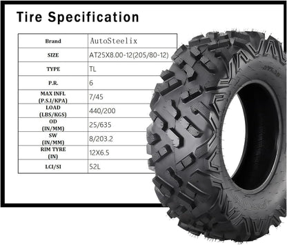 25X8-12 ATV Tires, 6PR All Terrain 25X8-12 TL ATV UTV Trail Sand Mud Off-Road Tires (Pack of 2, Tubeless)