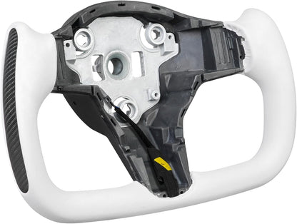 Yoke Steering Wheel, White Microfiber Leather with Side Carbon Fiber for Tesla Model 3/Y 2017-2023 with Heating Function