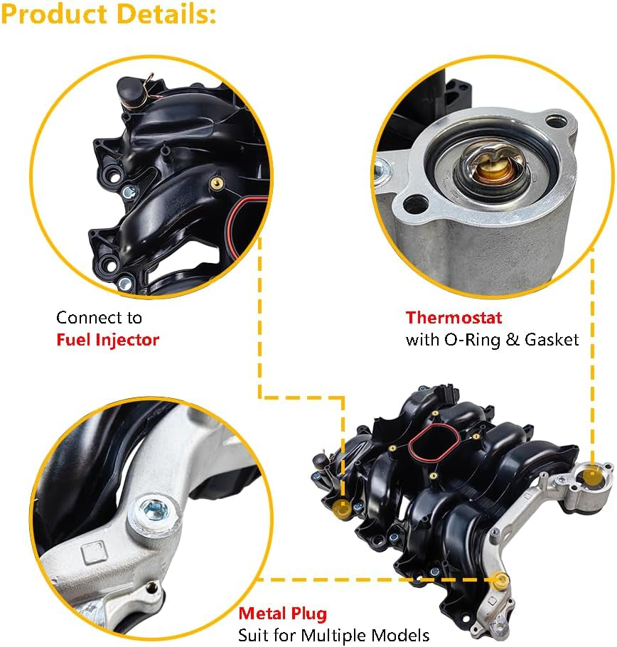 Upper Intake Manifold W/Gasket Thermostat Kit | Fit for Ford Crown Victoria Mustang Thunderbird, Mercury Grand Marquis Cougar, Lincoln Town Car V8 4.6L | OE# F6SZ9424AA F8AZ9424AAA F8AZ9424BC 615-178