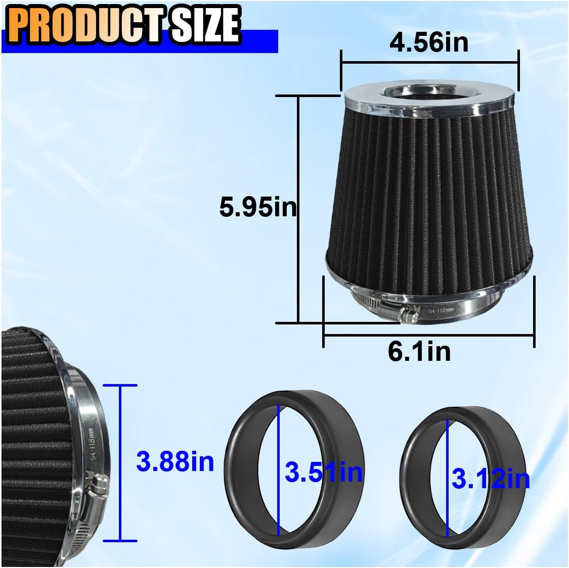 Universal Clamp-On Air Intake Filter, High Flow Closed-Top Cool Air Filter Cleaner, 76 89 102MM Performance round Tapered Cone Air Filters, Premium Washable Replacement Filter for Car Truck (Black)