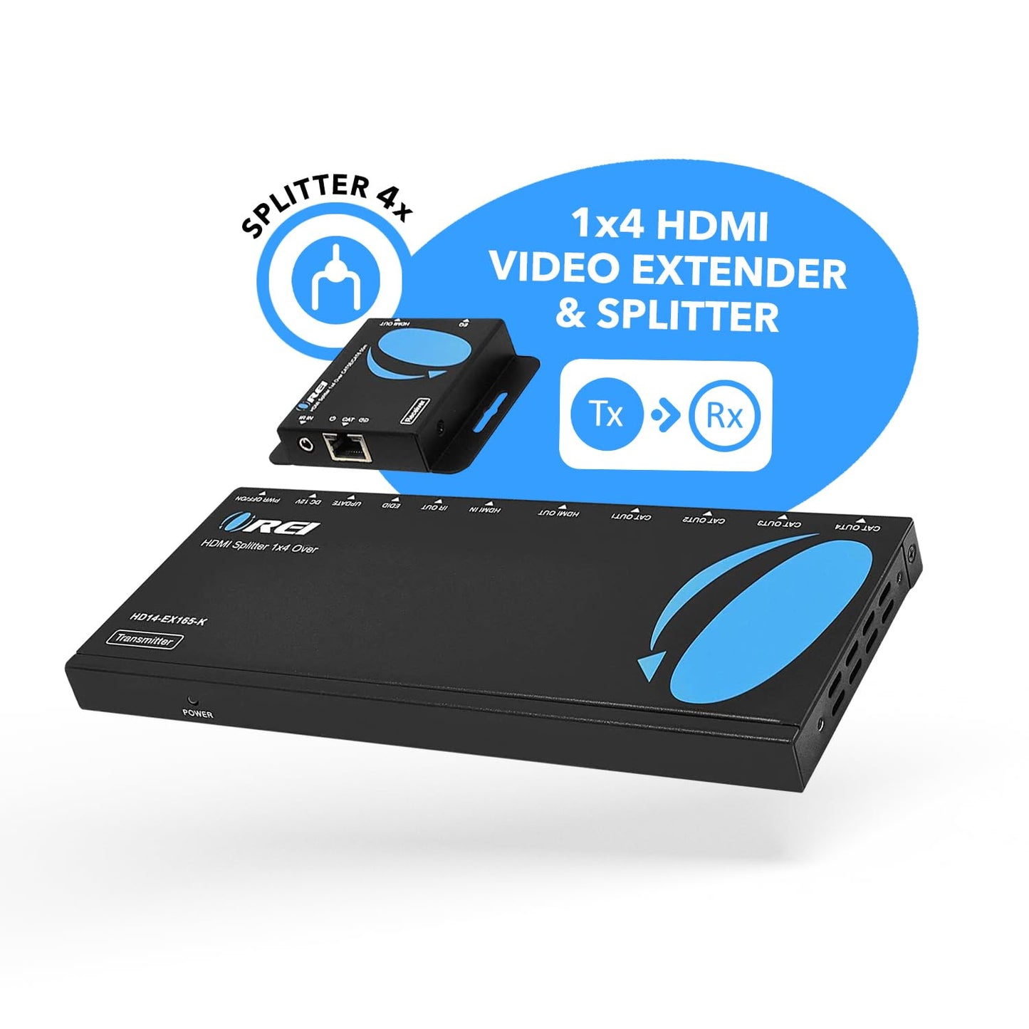 OREI 4K 1x4 HDMI Extender Splitter Over CAT6/7 Ethernet Cable Up to 4K@30Hz upto 165 ft-1080P@60Hz upto 230 ft, IR control, EDID, HDMI Loop Out (HD14-EX165-K)