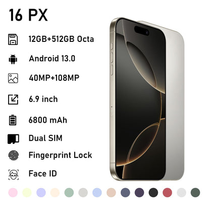 16 PX Unlocked 5G CellPhones 2025 Android 13 Smartphone with snapdragon8cen2 Processor 12GB+512GB 10-Core 6.9" HD Screen 40MP+108MPCamera 6800 mAh Cellphone with 5G Dual SIM(Greener)