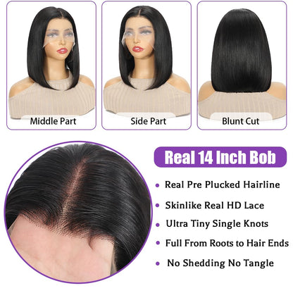 14 Inch Bob Wig Human Hair 13x6 Hd Transparent Lace Front Wigs Human Hair Pre Plucked Glueless Bob Wig 180% Density Short Straight Bob Wigs For Women
