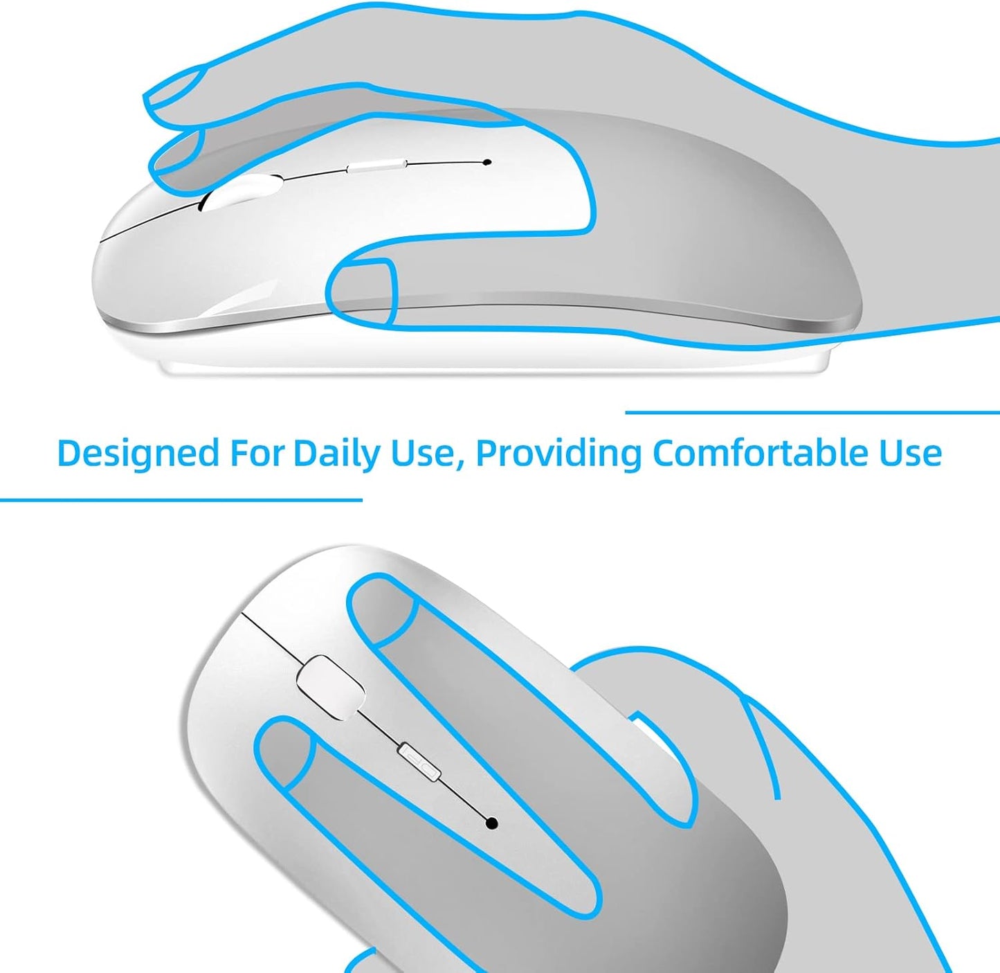 Wireless Mouse for Laptop, Bluetooth Mouse for MacBook Pro/Air/Mac/iPad/Chromebook/Computer -Rechargeale Dual Mode(USB 2.4Ghz + Bluetooth 5.2) Silent Cordless Mice with USB C Adapter,Silver