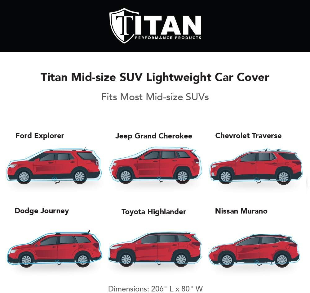 Titan Jet Black Poly 210T Car Cover for Mid-Size SUV 188-206". Waterproof, UV Protection, Scratch Resistant, Driver-Side Zippered Opening. Fits Explorer, Grand Cherokee and More.