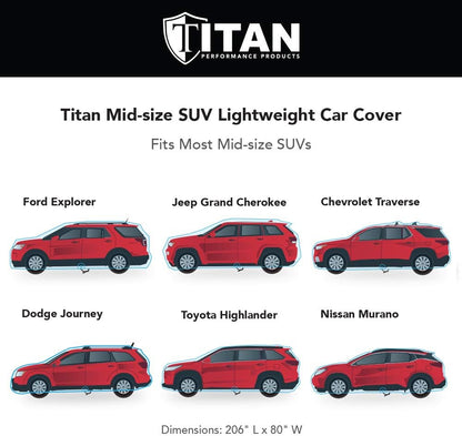 Titan Jet Black Poly 210T Car Cover for Mid-Size SUV 188-206". Waterproof, UV Protection, Scratch Resistant, Driver-Side Zippered Opening. Fits Explorer, Grand Cherokee and More.