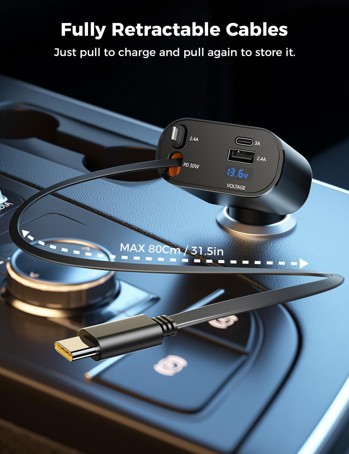 【Upgraded】  Retractable Car Charger 4 in 1, Fast Car Phone Charger with Cord 2.6Ft, USB C and Apple Car Adapter, Compatible with Iphone 17 16 15/15 Pro Max/14/13/12/11, Galaxy, Pixel