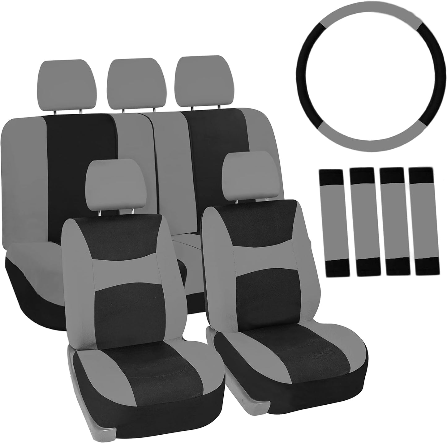 Universal Fit Gray Black Automotive Seat Covers Combo Set with Steering Wheel Cover and Seat Belt Pad Fits Most Cars, Suvs, and Trucks (Airbag Compatible and Split Bench)