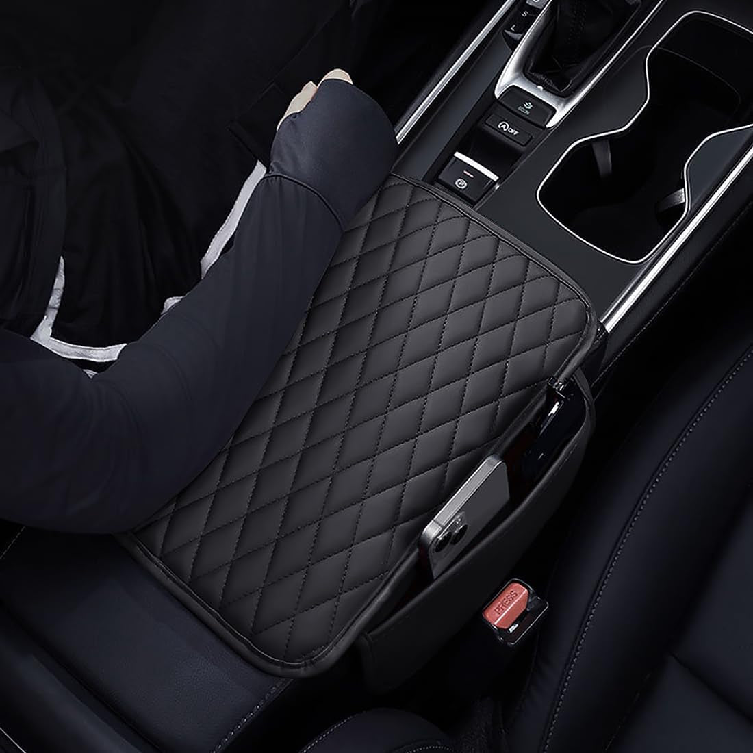 [Upgraded] Car Center Console Cover with 2 Storage Bags - Premium Nappa Leather Armrest Cover, Scratch & Wear Resistant, Waterproof Car Interior Accessories (Classic - Black)