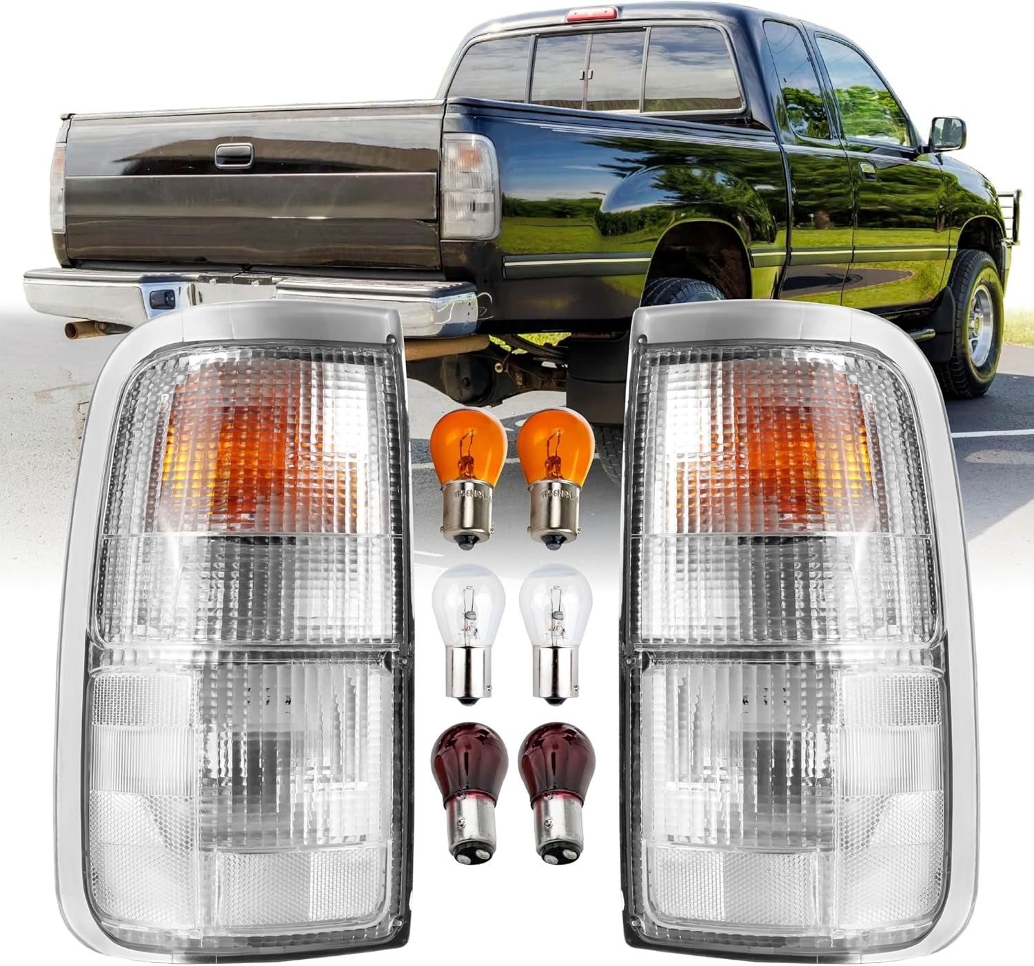 USR 93-98 XK10 / XK20 Tail Light – Rear Tail Lamps Set (Left + Right) Compatible with 1993-1998 Toyota T100 Pickup Truck All Models Base, DX and SR5 Pick up (CLEAR LENS TAIL LIGHTS with BULBS)