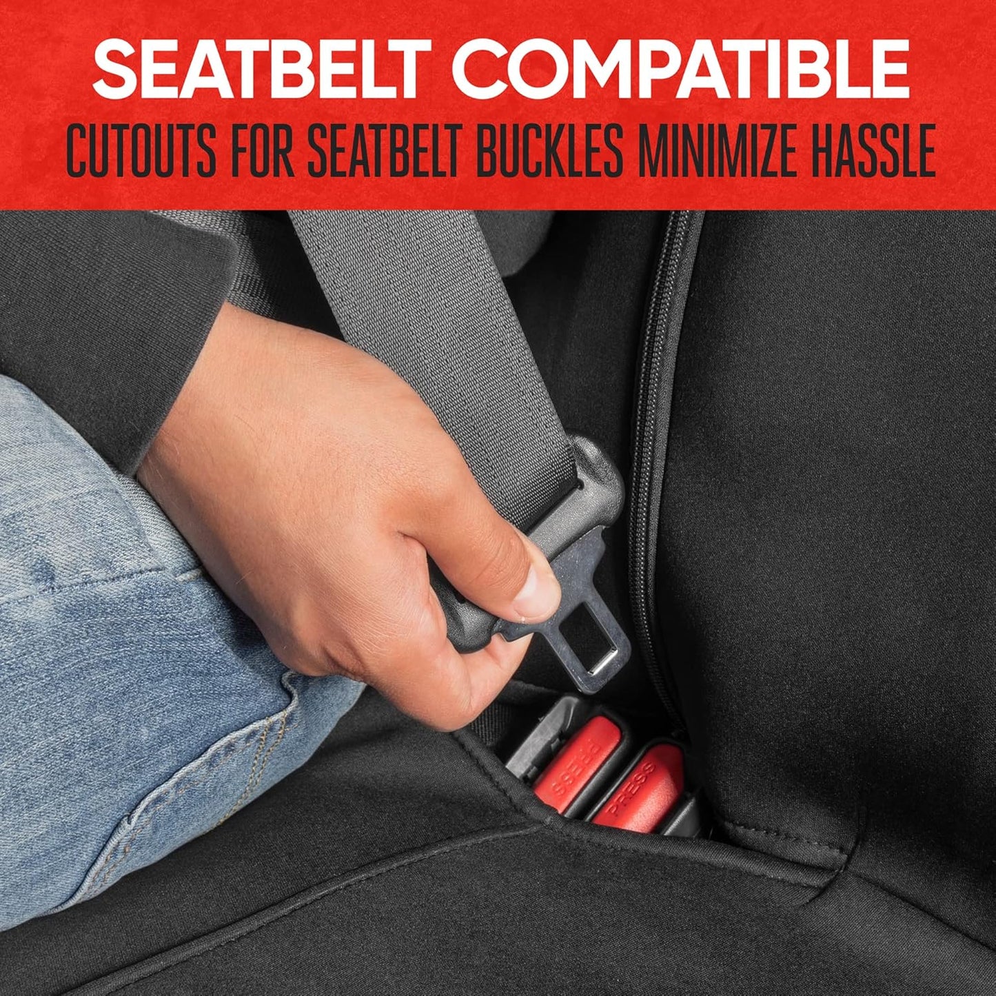 Spillguard Waterproof Rear Bench Car Seat Cover, Red Stitching – Split Bench Rear Seat Protector with Neoprene Padding, Back Seat Cover for Kids & Dogs, Car Interior Covers