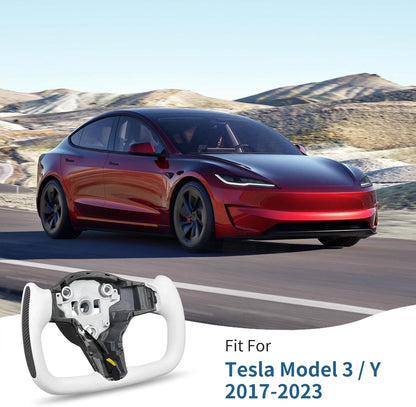 Yoke Steering Wheel, White Microfiber Leather with Side Carbon Fiber for Tesla Model 3/Y 2017-2023 with Heating Function