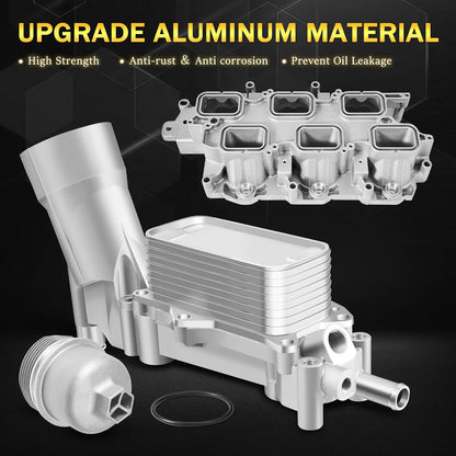 Upgraded Full Aluminum Engine Lower Intake Manifold with Gasket ＆ Engine Oil Filter Housing with Oil Cooler Sensors and Gaskets Compatible with Dodge Charger Challenger Journey Jeep Wrangler