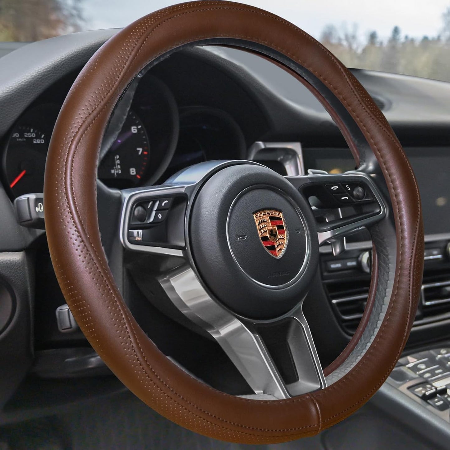 Top Grade Brown Genuine Leather Steering Wheel Cover Men Women, Luxury Steering Wheel Cover for Cars, SUVS and Trucks, Universal 14.5-15 Inch