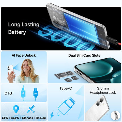 UMIDIGI G9A Unlocked Phones, Android 14 Go Cell Phone, 8GB+64GB/TF 1TB Expend Octa-Core, 4G Dual SIM Card, 3.5mm Headphone Jack 6.75" HD+Display Phones, AI Face Unlock Android Phone,5000mAh,GPS