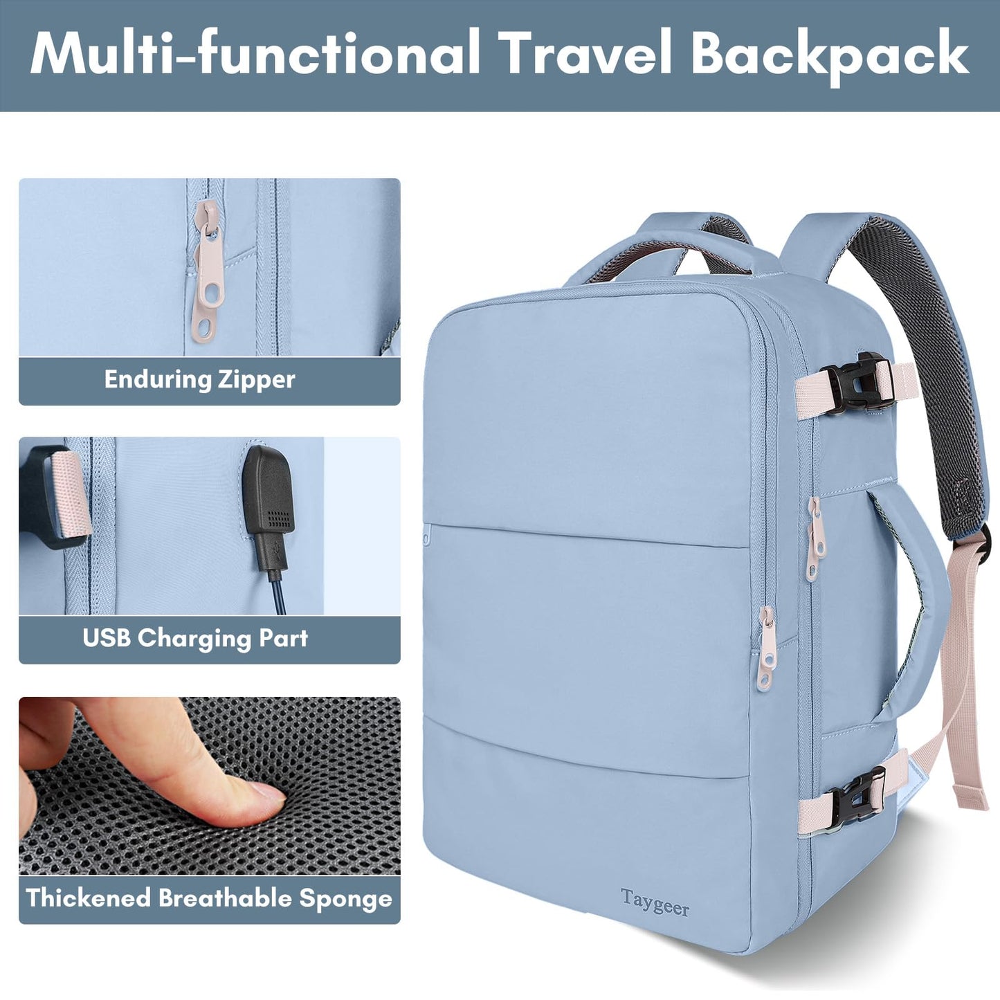 Taygeer Travel Backpack for Women, Carry On Backpack with USB Charging Port & Shoe Pouch, TSA 15.6inch Laptop Mochila Flight Approved, Nurse Bag Casual Daypack for Weekender Business Hiking, Pink