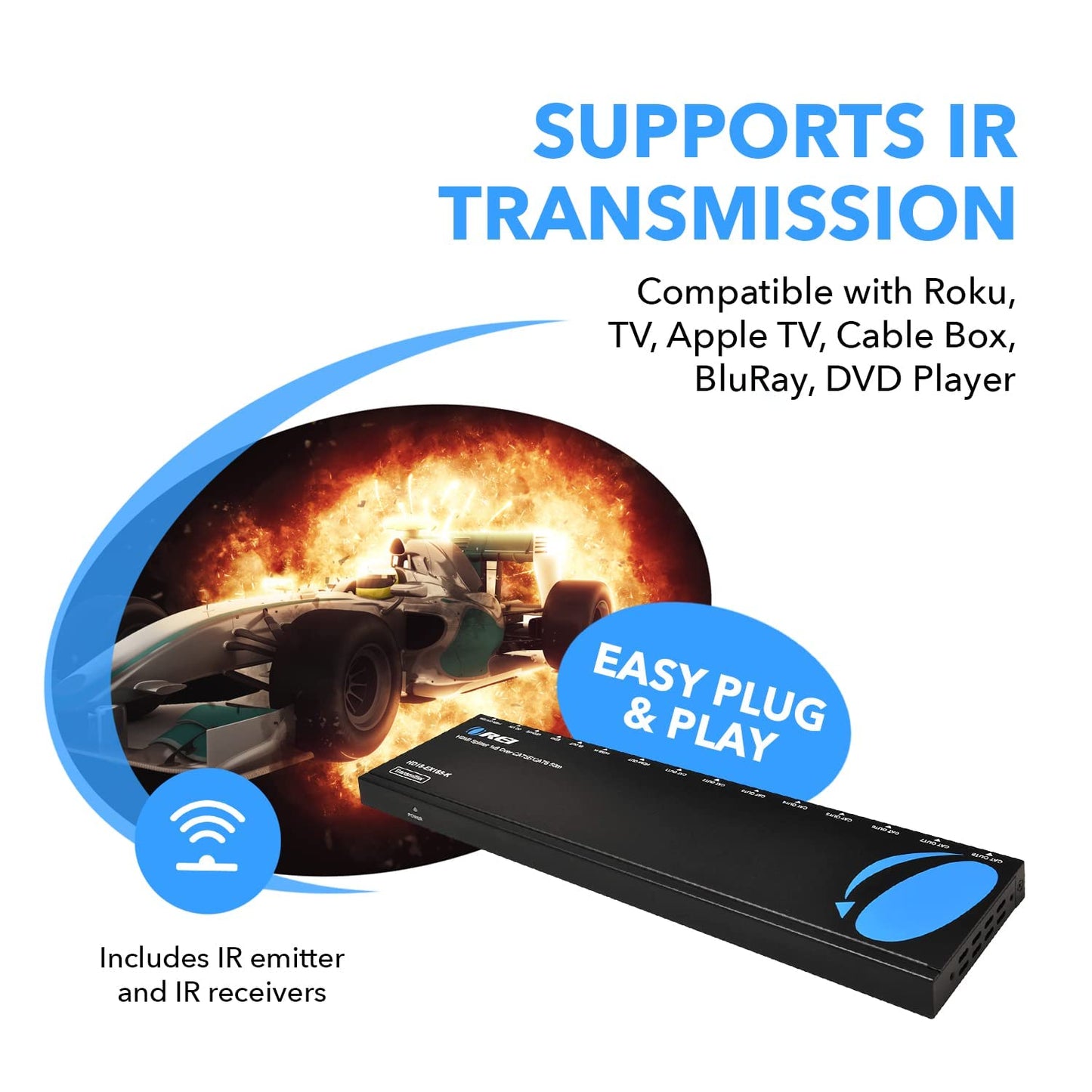 OREI 4K 1x4 HDMI Extender Splitter Over CAT6/7 Ethernet Cable Up to 4K@30Hz upto 165 ft-1080P@60Hz upto 230 ft, IR control, EDID, HDMI Loop Out (HD14-EX165-K)