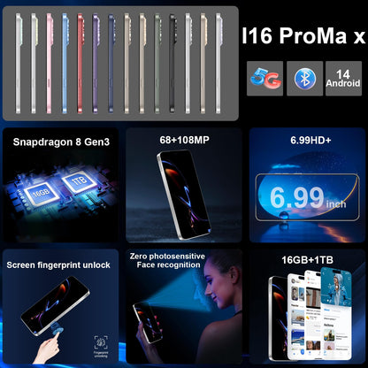 16PROMA X 16GB+1TB 6.99" HD Screen Smartphone Unlocked Cell Phone,Battery 7000mAh Unlocked The Phone, Android 14 Fingerprint Button Unlock/GPS/Dual SIM/5G/Face ID(Desert Titanium)