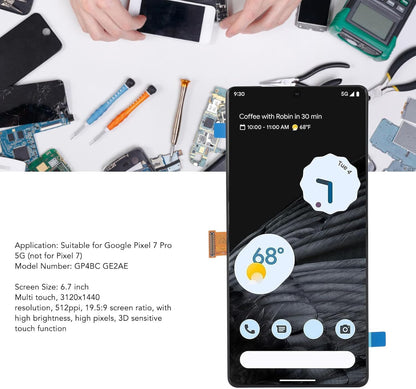 6.7 Inch Screen Replacement for Pixel 7 Pro GP4BC GE2AE, LED Touch LCD Display Digitizer Assembly, Complete Screen Assembly with Repair Tool