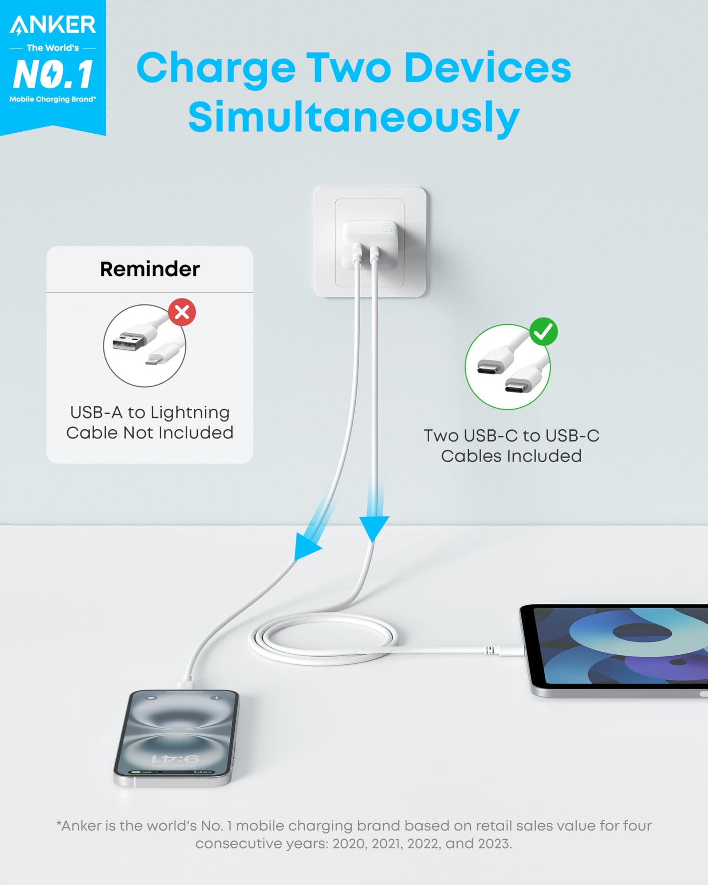 Anker iPhone 17/16 Charger, 2-Pack 20W Fast USB C Charger Block, for iPhone 16/16 Pro Max/15 Series/iPad Pro and More (Black, 2 Pack & 2 Cable)