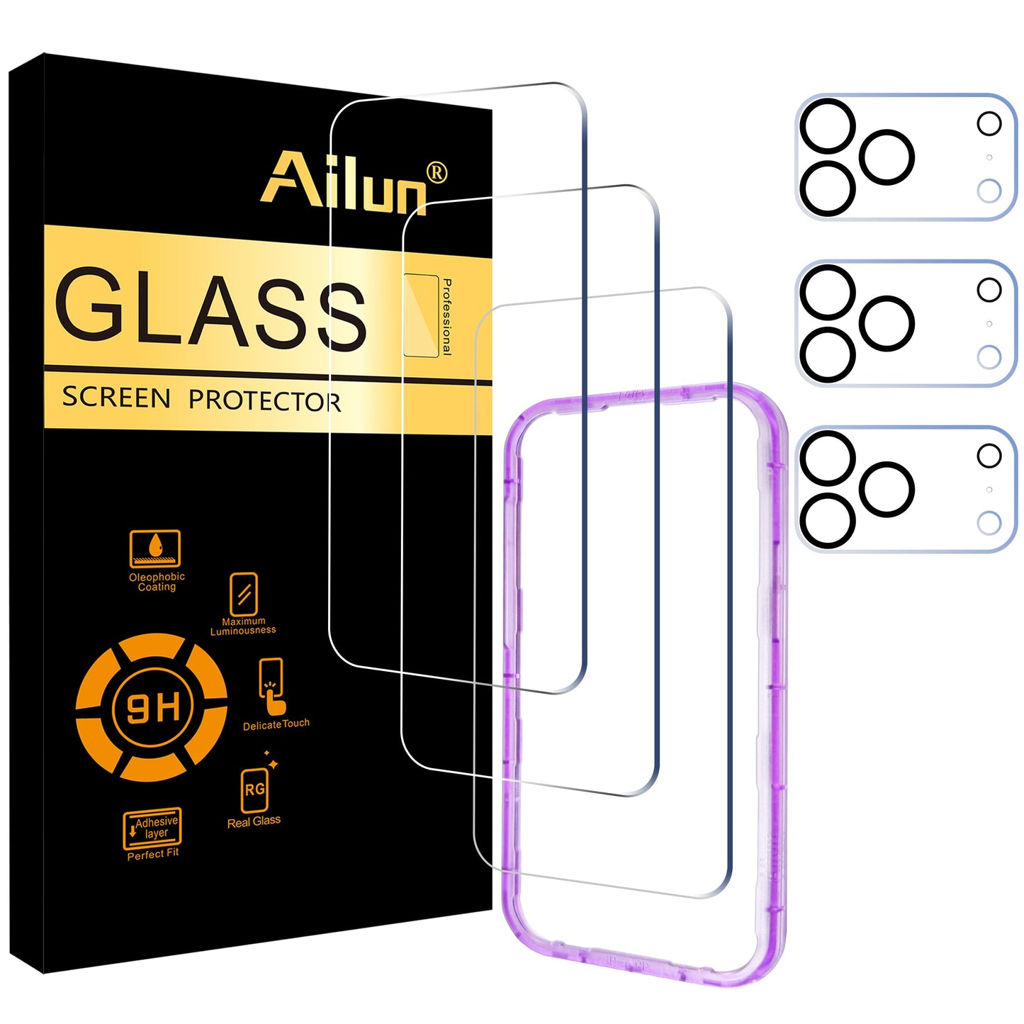 Ailun 2 Pack Screen Protector for iPhone 13 [6.1 inch Display] with 2 Pack Tempered Glass Camera Lens Protector,[9H Hardness]-HD
