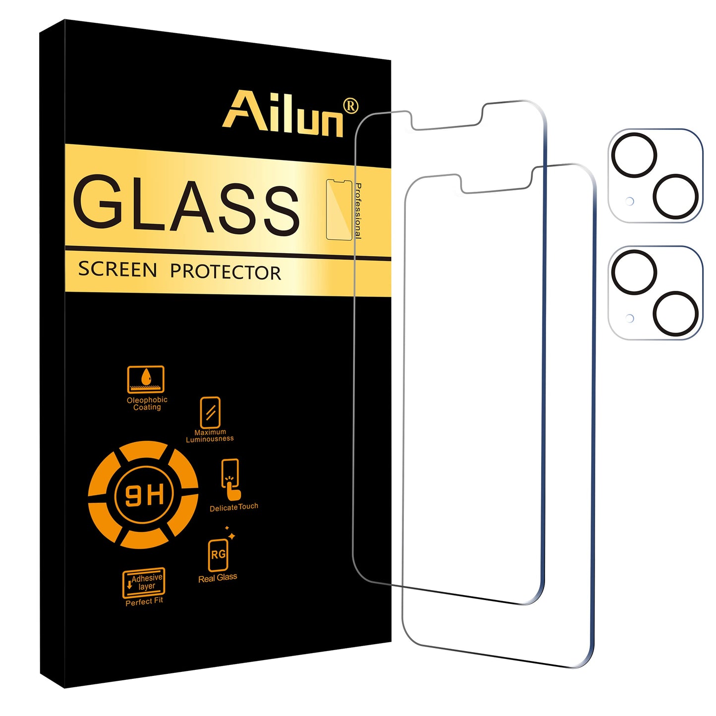 Ailun 2 Pack Screen Protector for iPhone 13 [6.1 inch Display] with 2 Pack Tempered Glass Camera Lens Protector,[9H Hardness]-HD