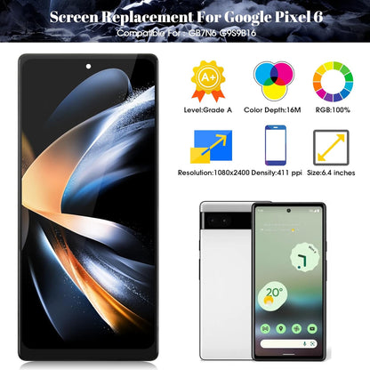 TFT for Google Pixel 6 LCD Display for Google Pixel 6 Screen Replacemet for GB7N6, G9S9B16, G9S9B, GR1YH Touch Screen Digitizer Display Assembly Repair Kits Without Frame(Black,NO Fingerprint)