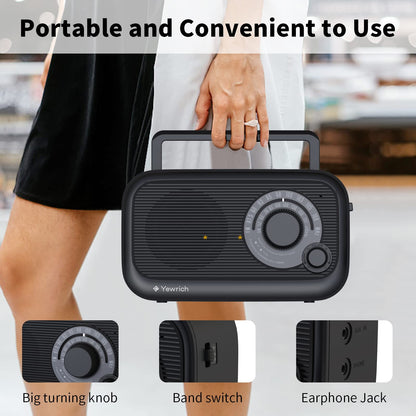 AM FM Radio with Best Reception, Bluetooth Speaker Portable Radio, DSP Plug in Wall,Battery Operated or AC Power with Headphone Jack, Large Tuning Knob for Home Kitchen Outdoor, Black
