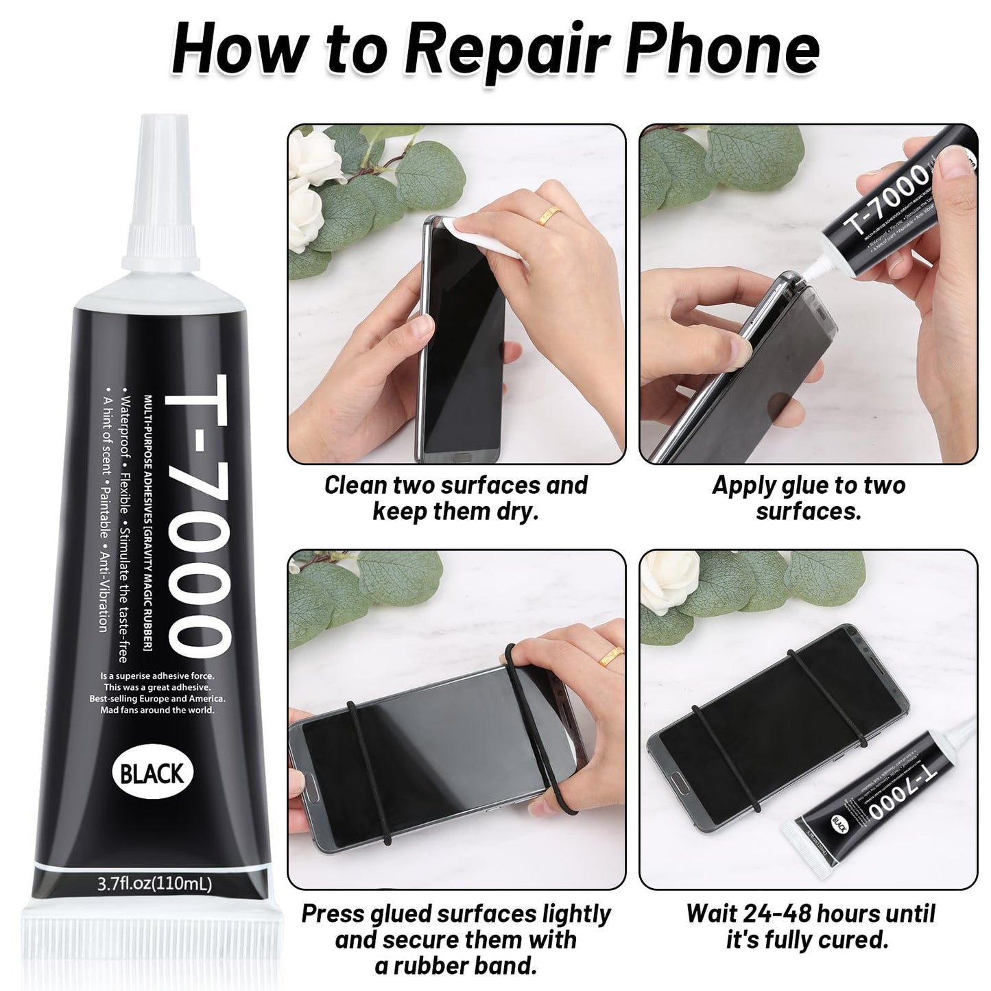 T7000 Black Glue for Phone Repair, 2 X 25 ML Semi Fluid Craft Glue T-7000 Adhesive Glue with Precision Tips for Fabric, Leather, Rubber Cement, Toys, Wood, Metal, Rhinestones Jewelry Making